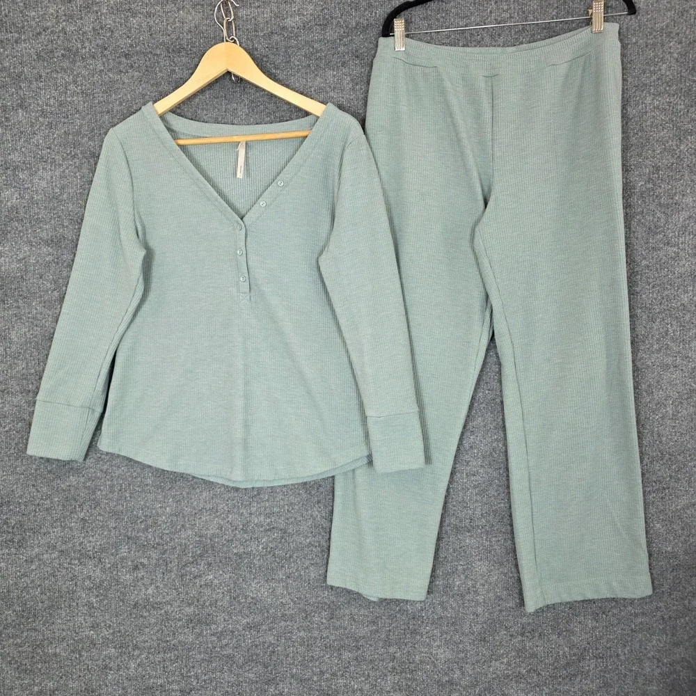 Soma Pajamas Set L Green Waffle Knit Henley‎ Thermal Top Pants Lounge Sleepwear